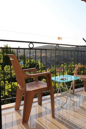 Varanda com duas cadeiras de madeira e uma mesa de vidro, com vista para um vinhedo e colinas ao longe.