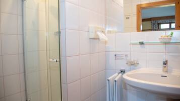 A bathroom with a glass shower enclosure, a white sink, and a glass shelf above the sink.