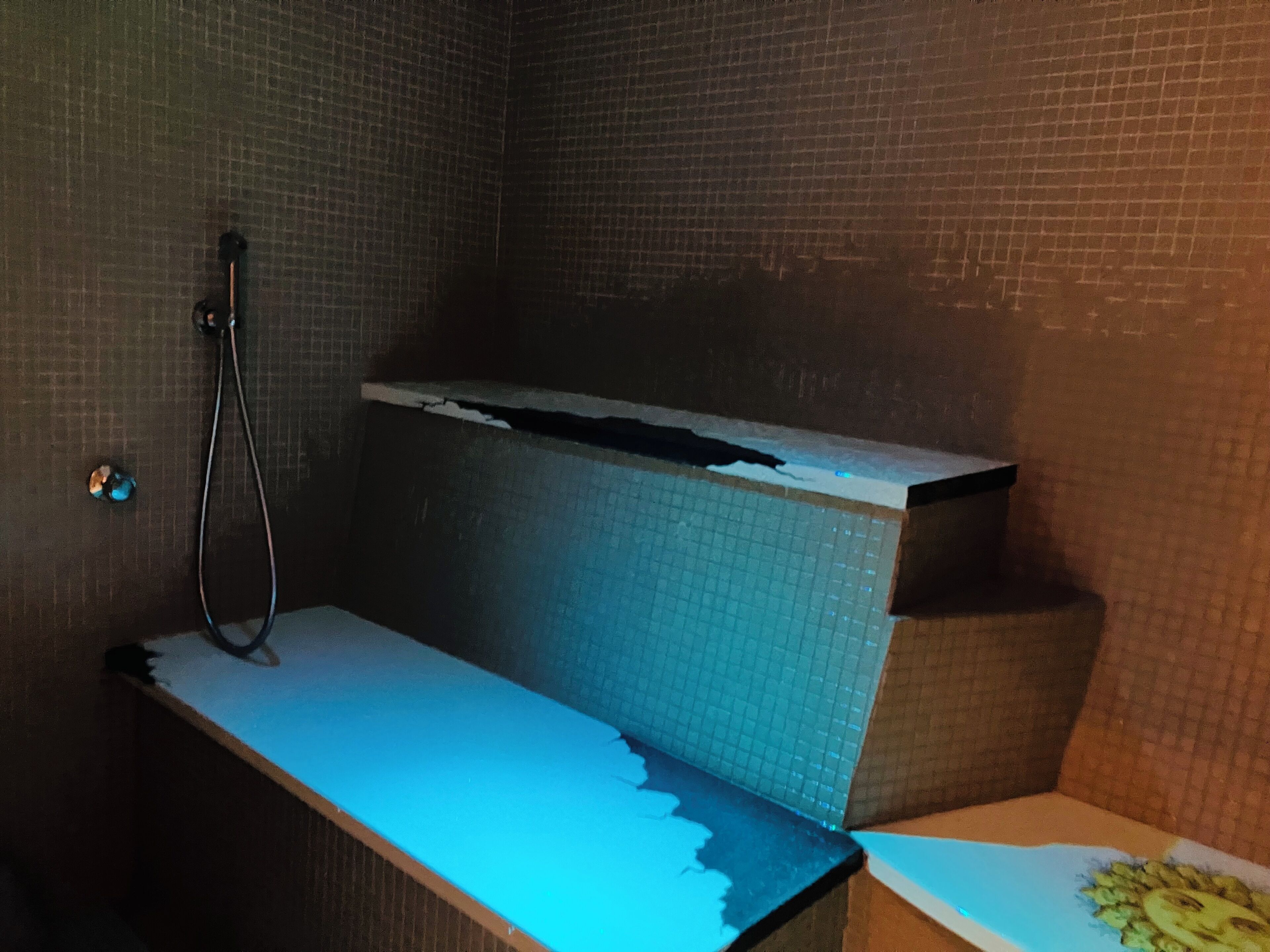 Un baño con ducha, paredes de azulejos y un techo dañado.
