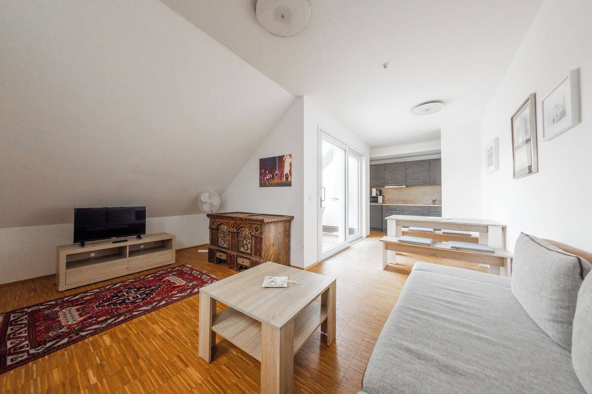 A modern apartment with a living room, a kitchen, and a dining area.