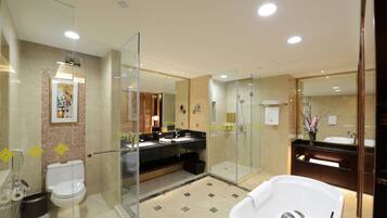 Combined shower/tub, hair dryer, bathrobes, slippers