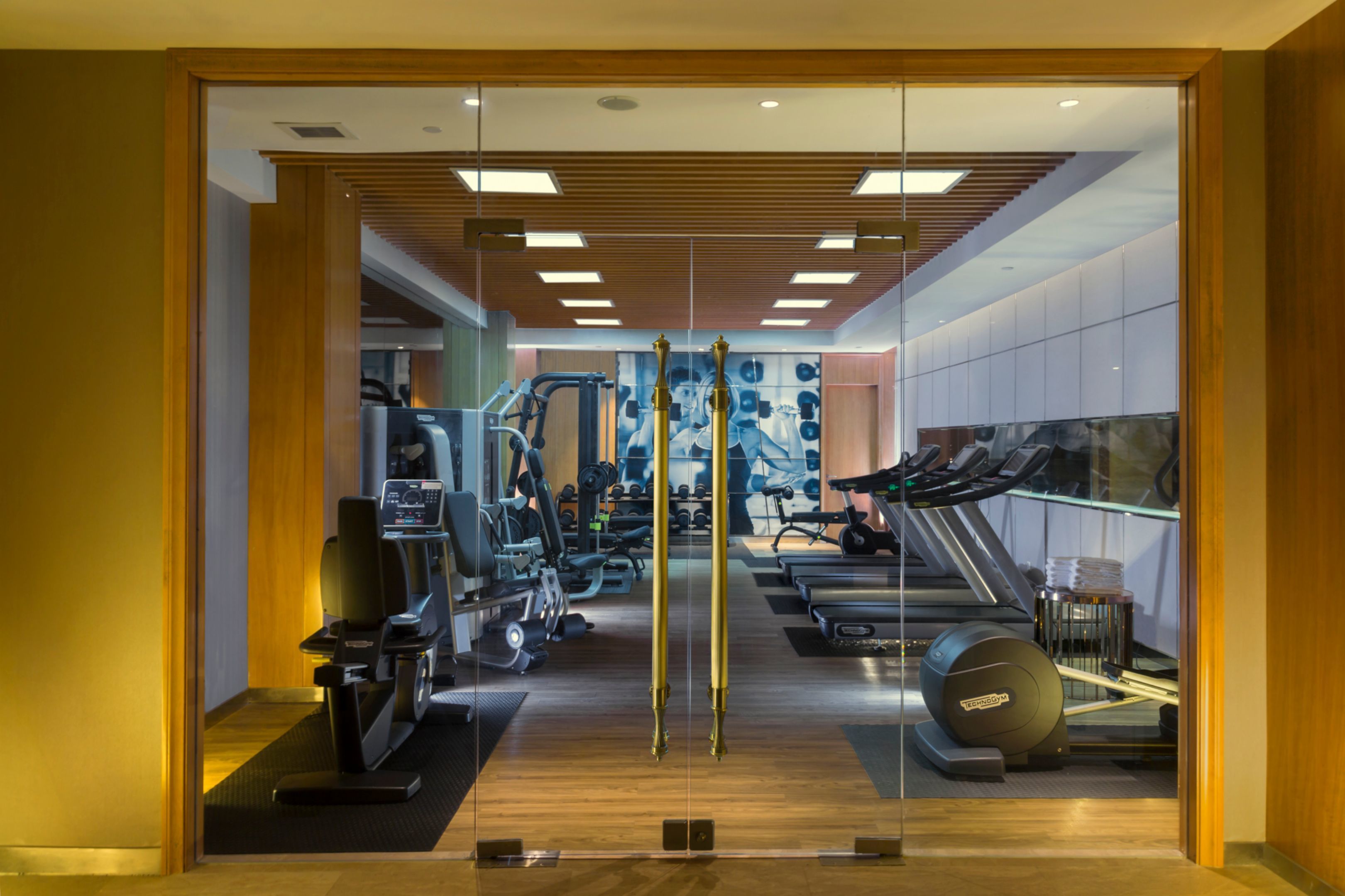 A modern gym with cardio equipment, weight machines, and a mirrored wall.