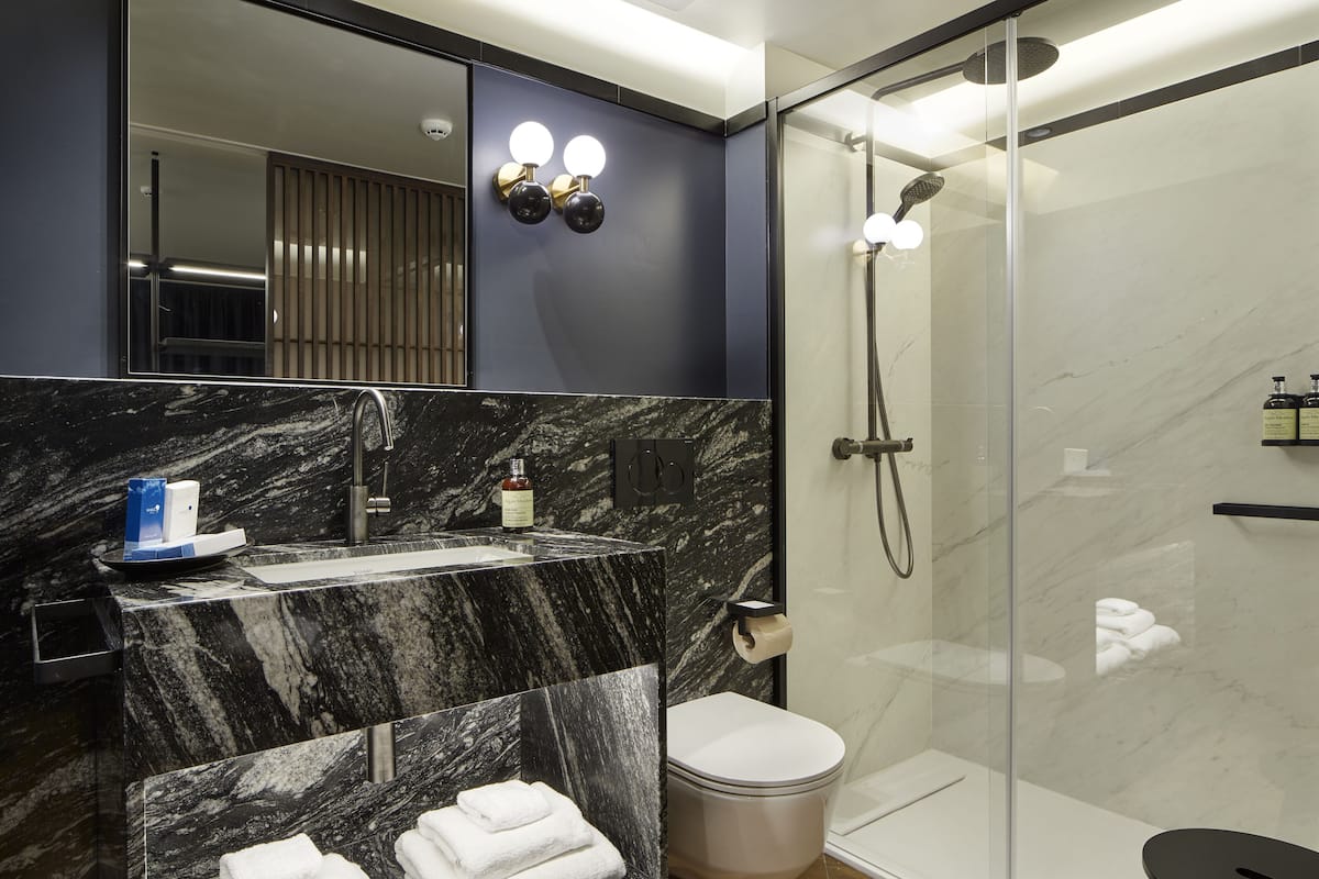 deluxe double room | bathroom | shower, free toiletries, hair dryer, towels