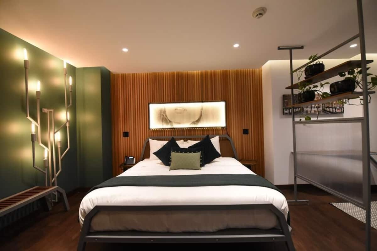 Ein modernes Schlafzimmer mit Bett, Nachttischen, einem an der Wand montierten Regal mit Pflanzen und einer außergewöhnlichen Wandleuchte.