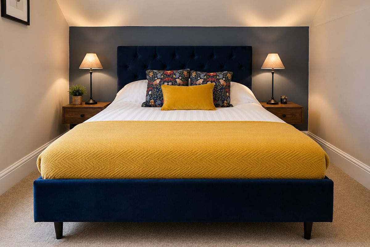 A neatly made bed with a dark headboard, two bedside lamps, and a single decorative pillow.