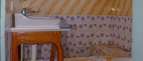 Une salle de bain avec un lavabo, des toilettes et une douche.
