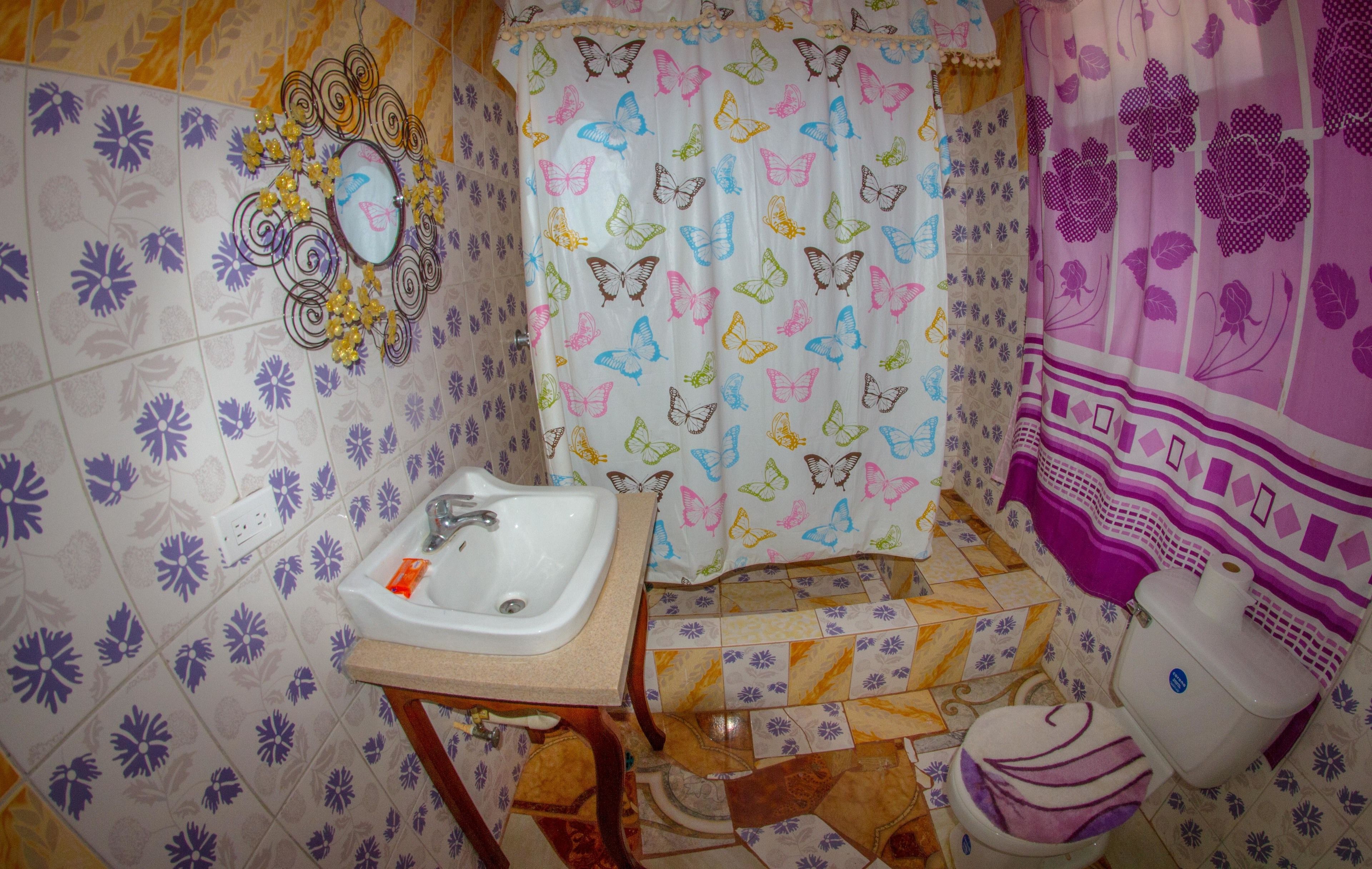 Une salle de bain avec des carreaux décorés, un lavabo, des toilettes et un rideau de douche orné de motifs de papillons.