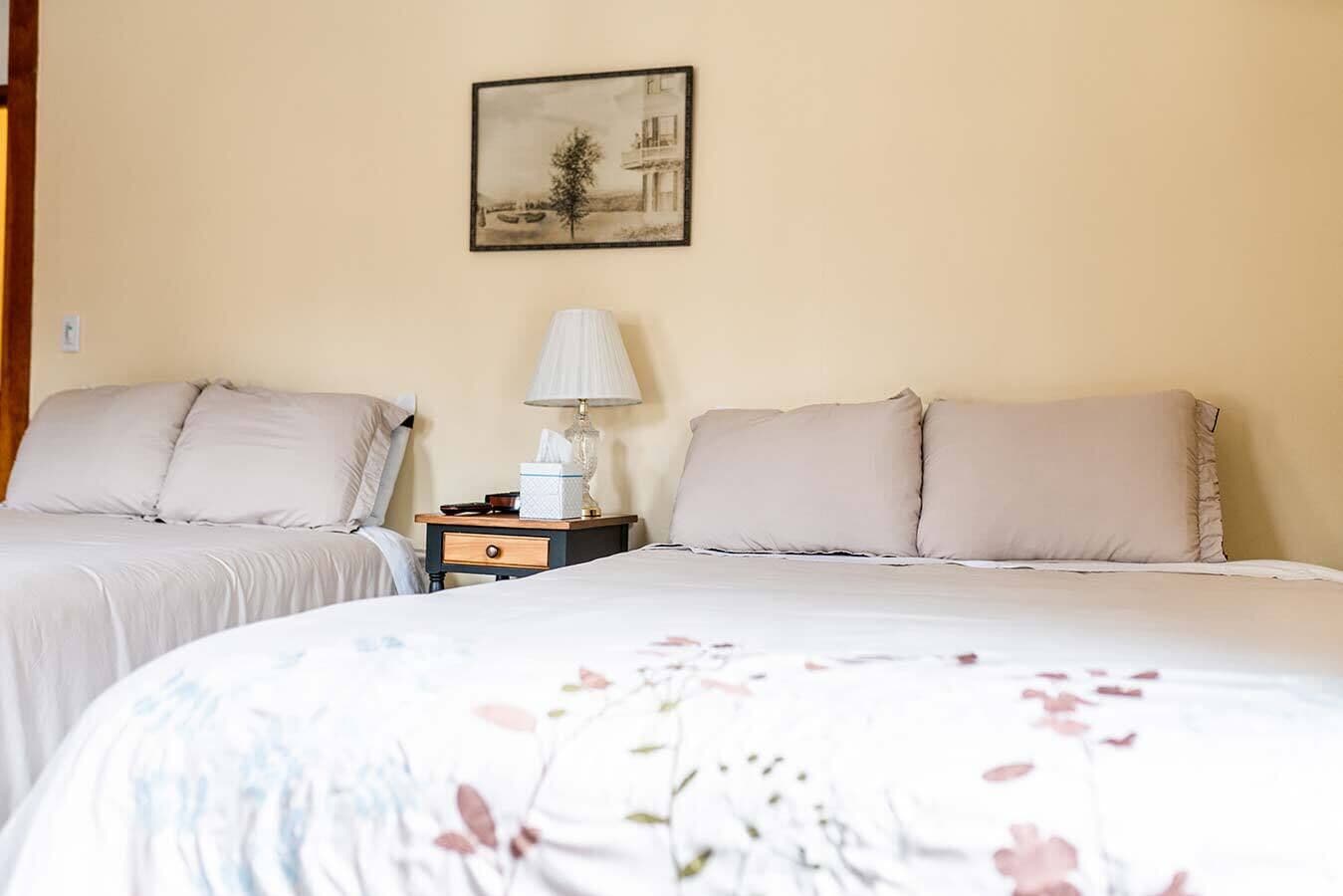 A hotel room with two beds, a nightstand, a lamp, and a painting on the wall.