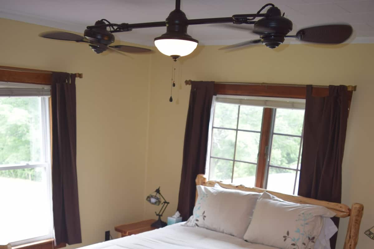 Une chambre à coucher avec un cadre de lit en bois, une grande fenêtre avec des rideaux, un ventilateur de plafond et un tapis à motifs.