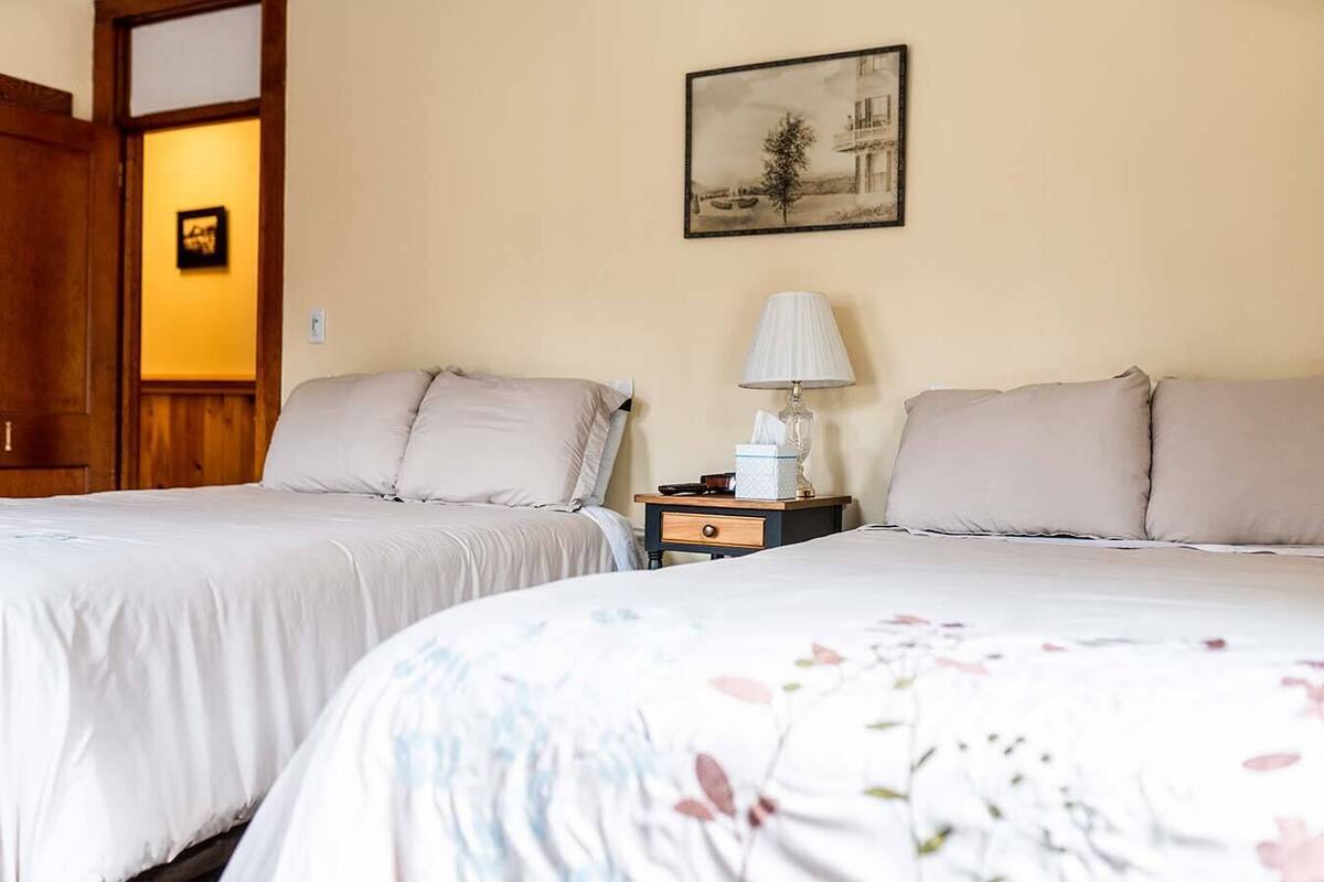 Une chambre d’hôtel avec deux lits, une table de chevet avec une lampe, un tableau encadré au mur et une porte en bois.