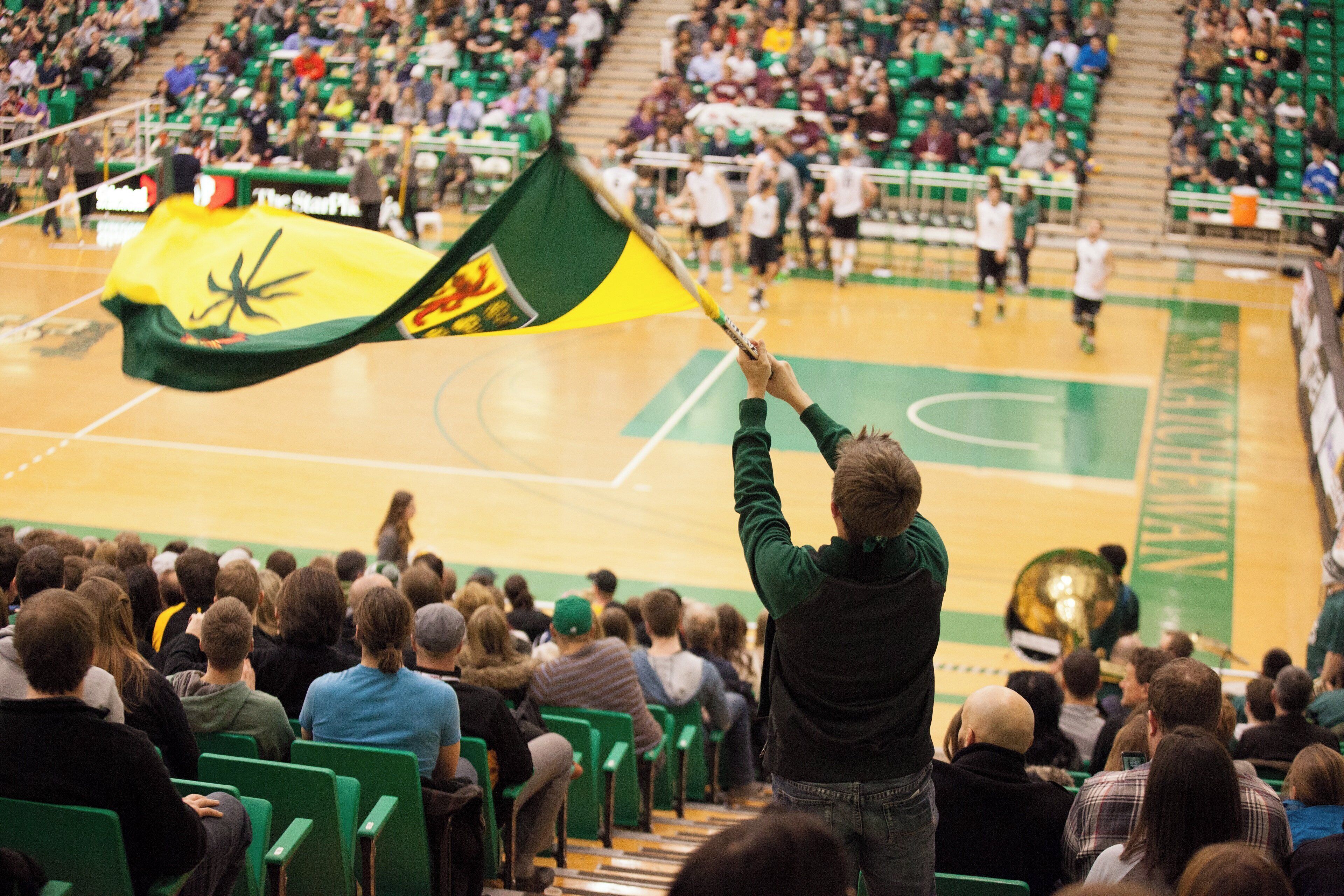 A person holding a flag in a crowded indoor space with tiered seating.