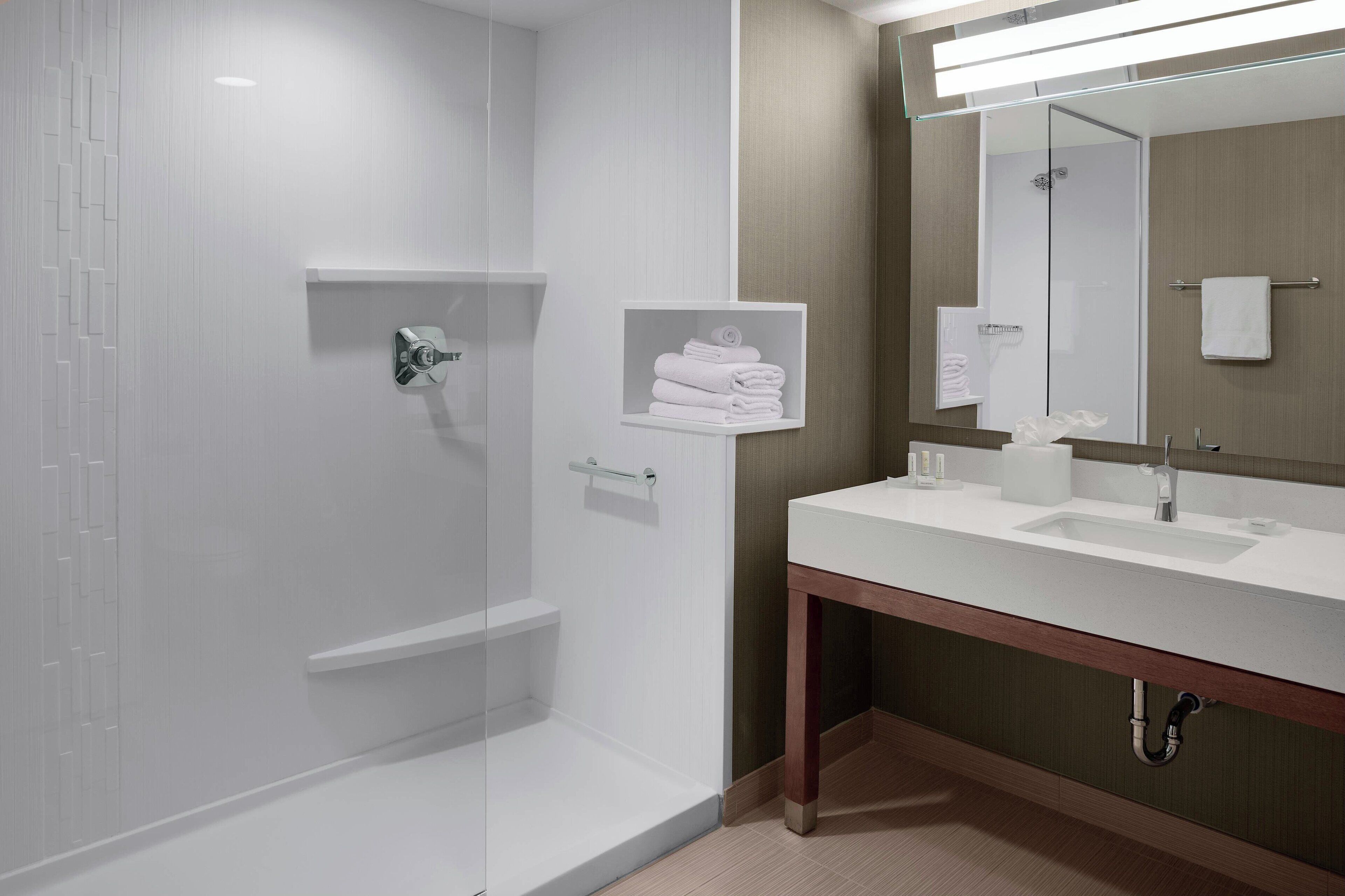 combined shower/bathtub, designer toiletries, hair dryer, towels
