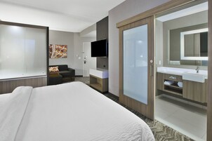 开间, 1 张特大床和 1 张沙发床 | 客房内保险箱、办公桌、熨斗/熨衣板、免费婴儿床