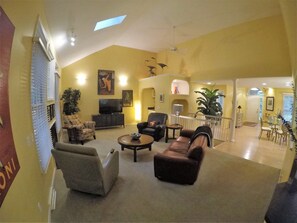 Smart TV, fireplace, video games, DVD player