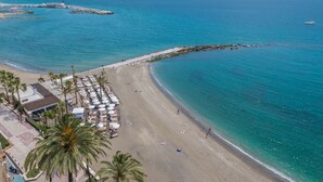 A beach with a row of palm trees, a sandy shore, and a pier extending into the water. - Beachfront Condo in Marbella Center with 2 Pools & Parking (Marbella)