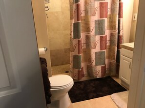 Shower, hair dryer, towels, soap