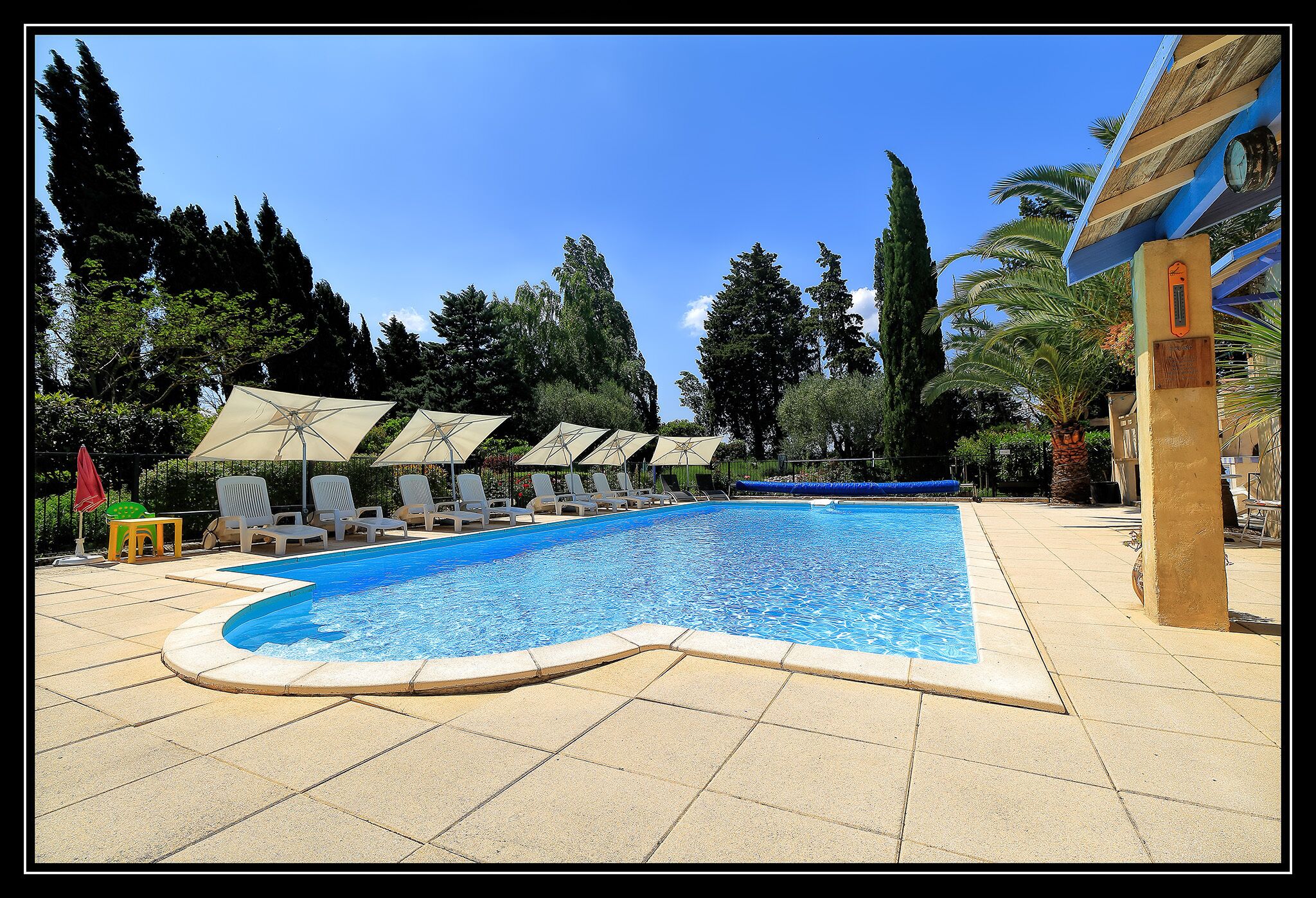 A swimming pool with lounge chairs and umbrellas, surrounded by trees and a clear sky.