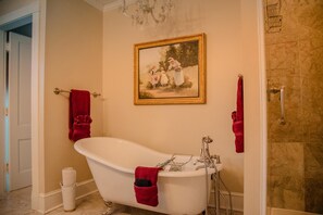 Shower, rainfall showerhead, designer toiletries, hair dryer