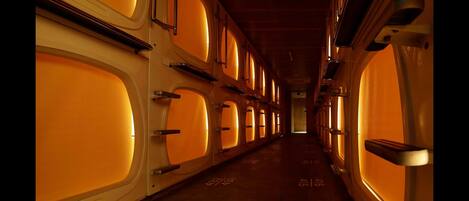 A corridor with rows of windows, each with a door and a handle.