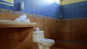 Une salle de bain comprenant des toilettes, un porte-serviettes et un espace douche.