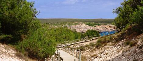 A wooden boardwalk leading to a beach with a clear view of the sea and rocky landscape.