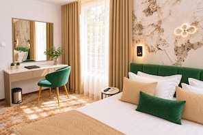A hotel room with a bed, desk, chair, and a large window with curtains. - Hotel Central Sunny Beach (Sunny Beach)