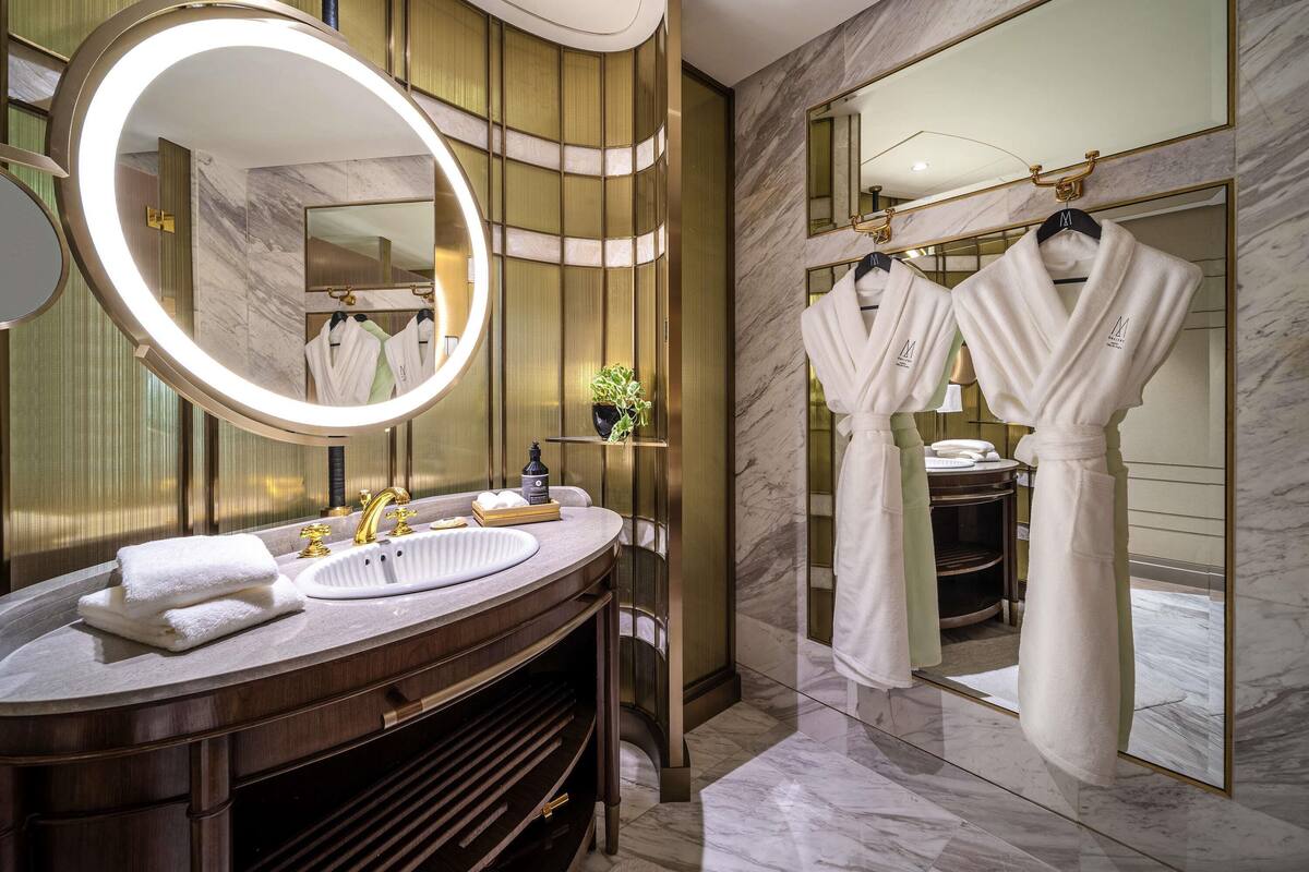Shower, rainfall showerhead, designer toiletries, hair dryer