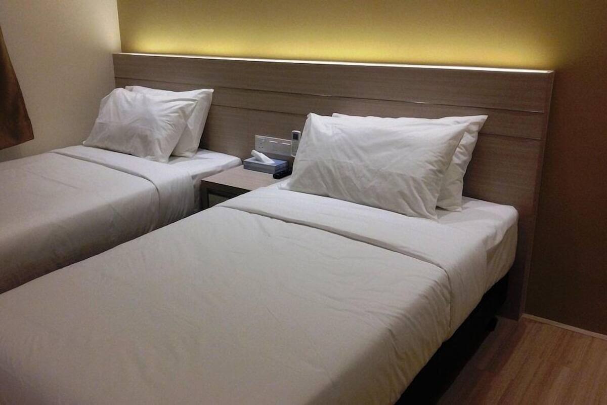 Two single beds with white linens, a wooden headboard, and a nightstand with a phone and tissues.