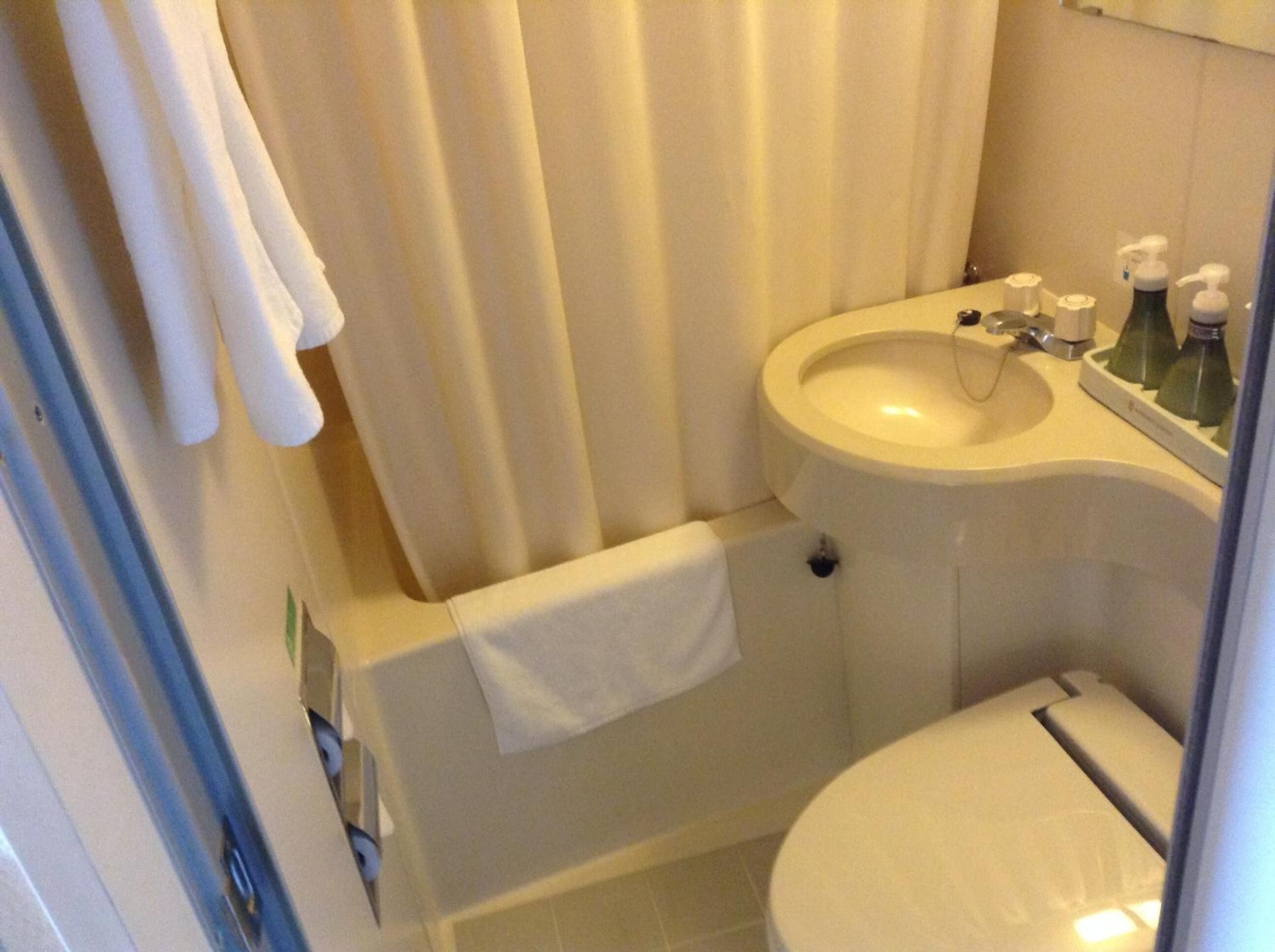 Uma casa de banho pequena com lavatório branco, sanita e cortina de chuveiro.