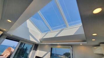 奢华顶层房 | 起居区 | 43-英寸纯平电视(配备有线频道)、电视、壁炉