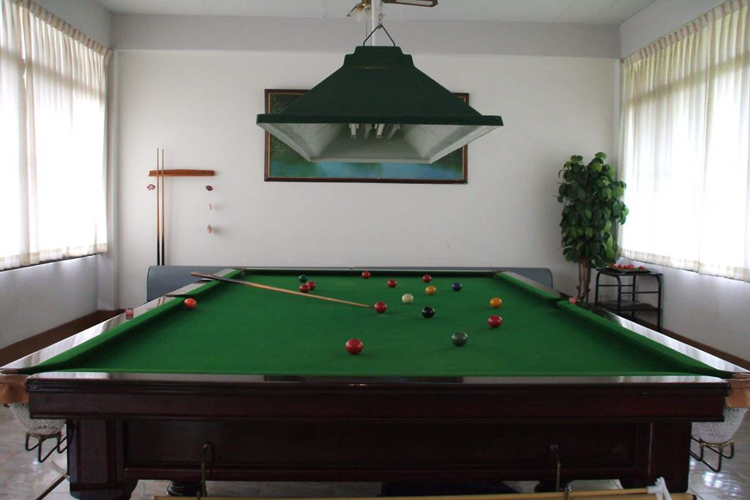 A pool table with balls in a room with white walls, a hanging lamp, and a potted plant.