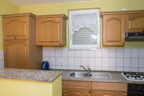 Fridge, oven, stovetop, coffee/tea maker