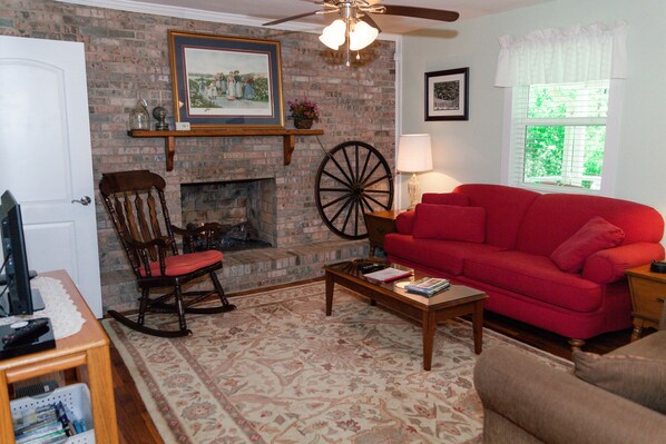 TV, fireplace, DVD player, books