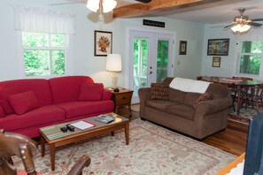 TV, fireplace, DVD player, books