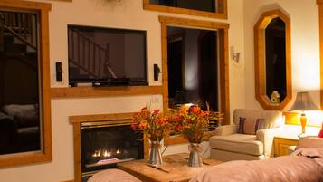 TV connectée, cheminée, livres