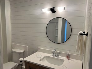 Combined shower/bathtub, hair dryer, towels, toilet paper