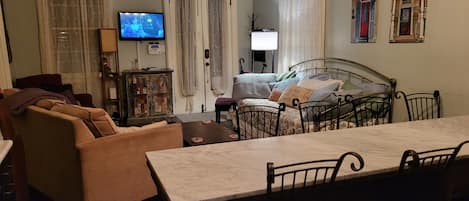 TV, DVD player, books, video library