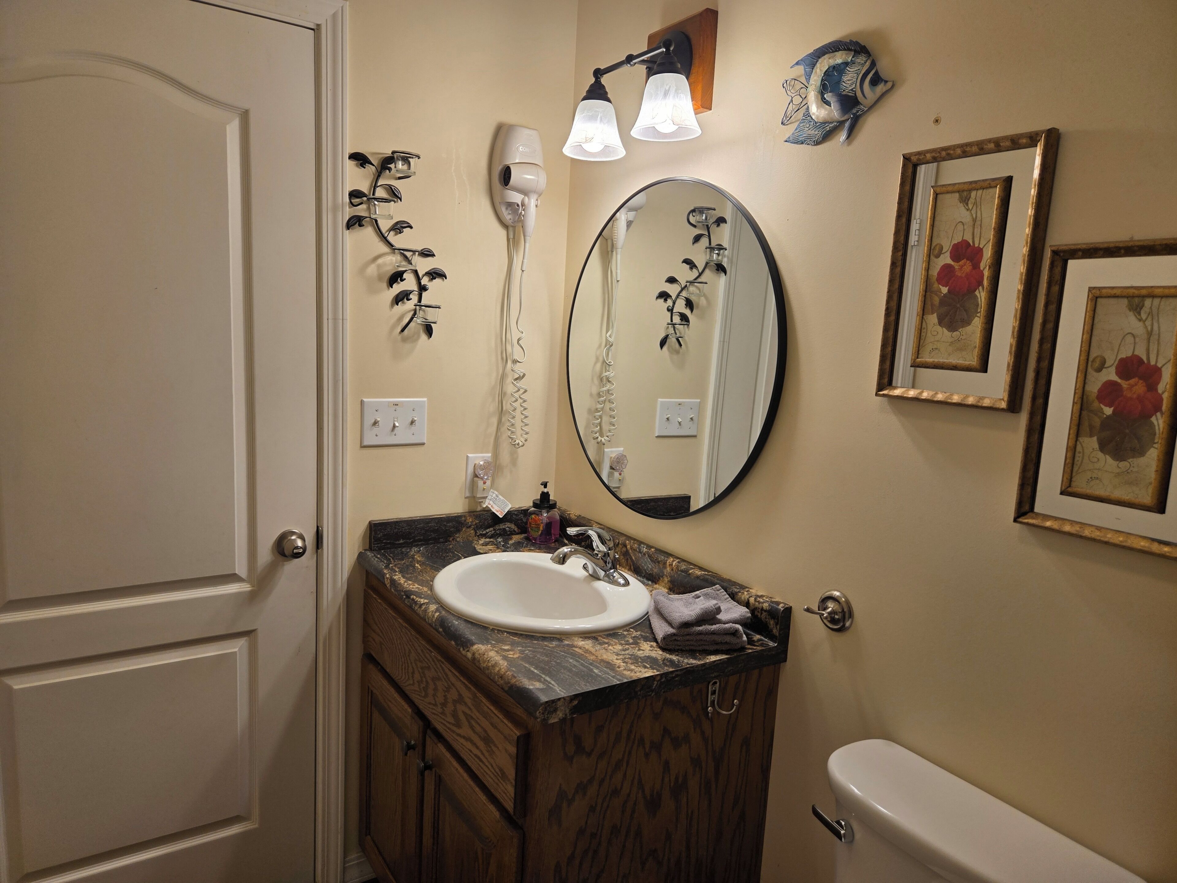 Une salle de bain équipée d’un meuble-lavabo, de toilettes, d’un sèche-cheveux, d’un miroir et d’appliques murales.