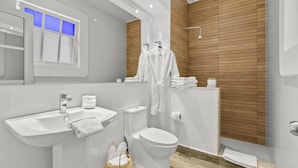 Une salle de bain moderne avec un lavabo, des toilettes et une douche.