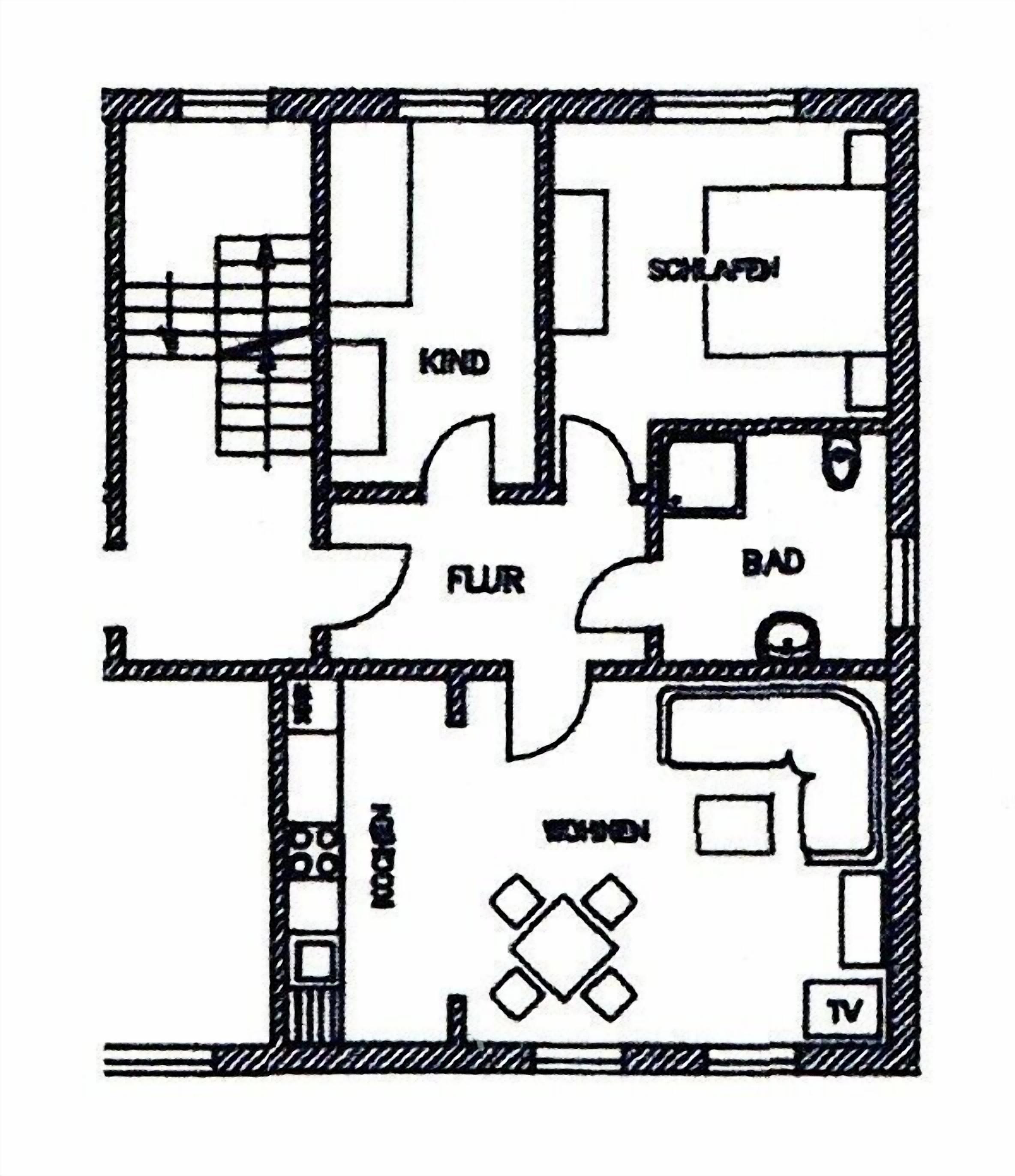 Plano de planta con habitaciones identificadas: KIND, SCHLAF, BAD, FLUR y WOHN.