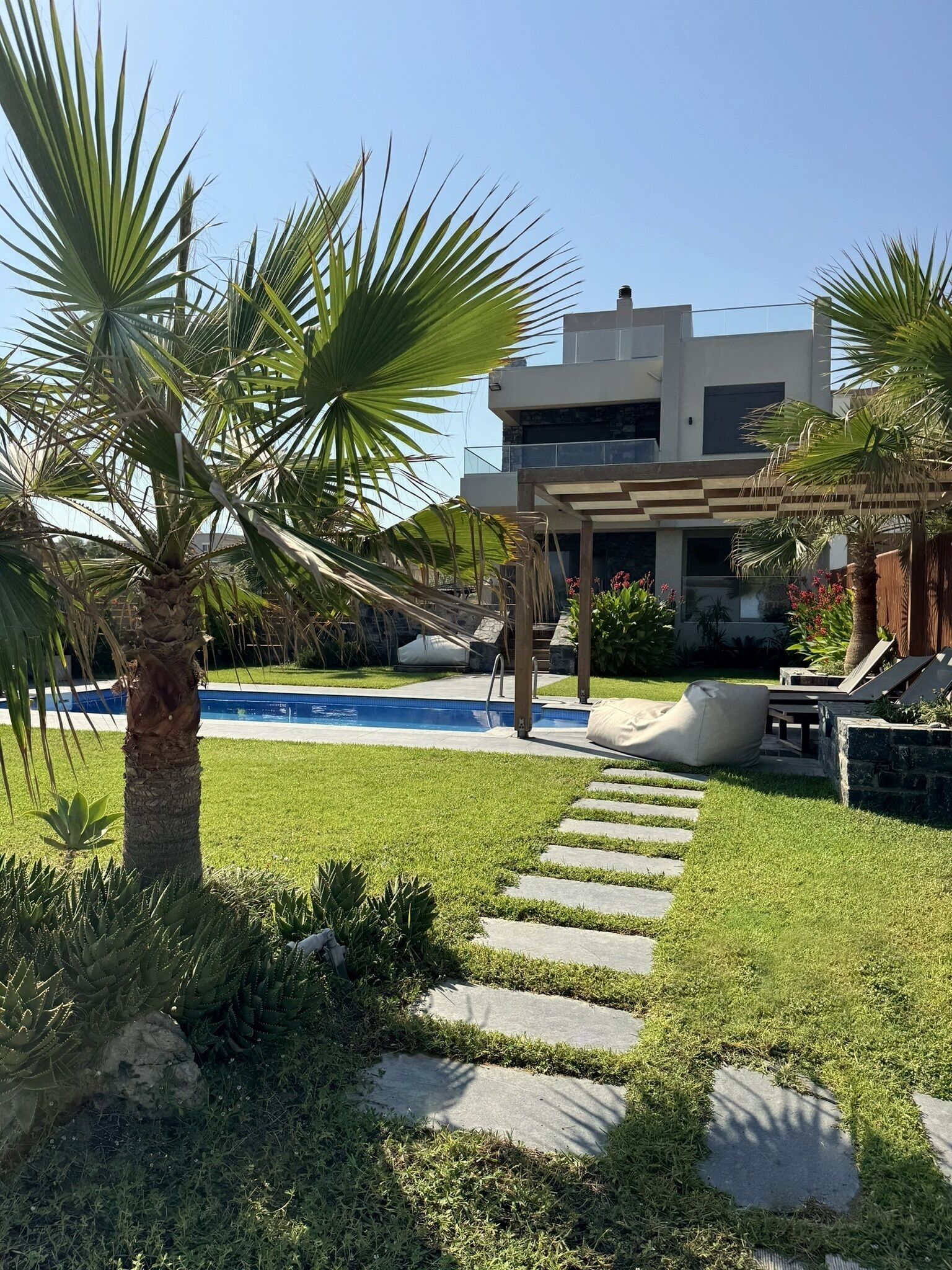 A modern outdoor pool area with a pergola, palm trees, and a stone pathway leading to a seating area.