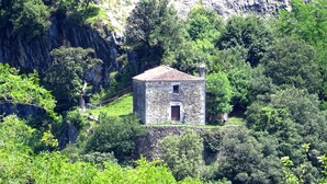 A small stone building with a tiled roof, surrounded by lush greenery and a rocky cliff. - Quiet apartment in the geographical center of the Basque Country (Mendaro)