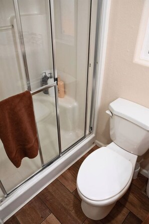 Shower, hair dryer, towels, soap
