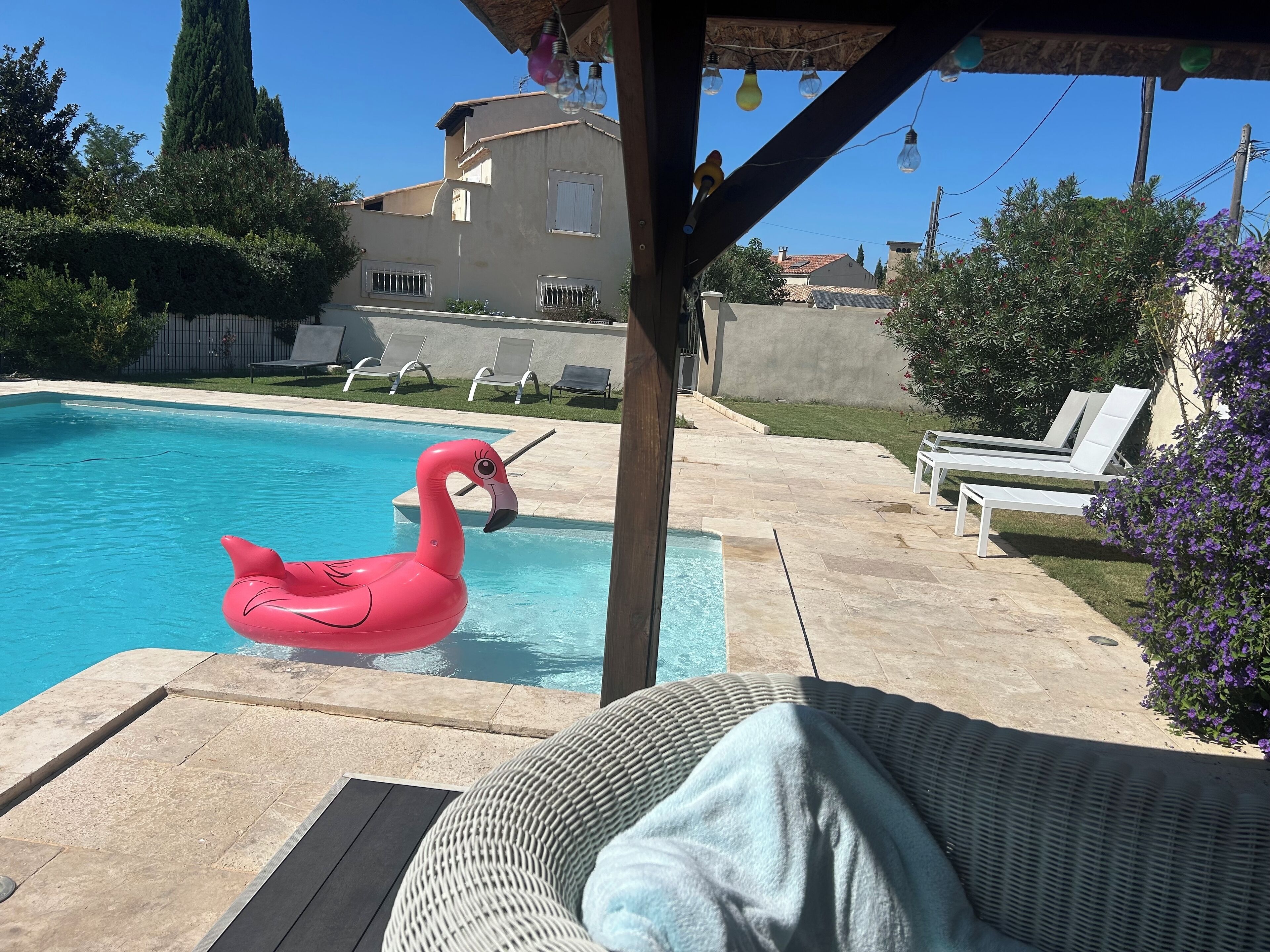 En pool med en rosa uppblåsbar flamingofigur, solstolar och en pergola med hängande lampor.