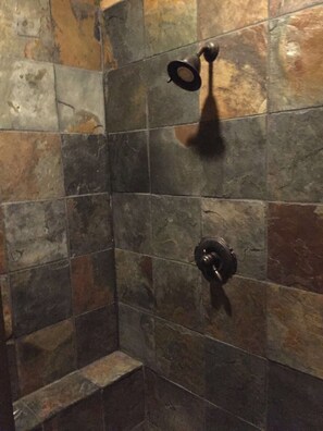 Shower, jetted tub, hair dryer, towels