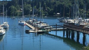 A marina with multiple boats docked at wooden piers, surrounded by a forested area.