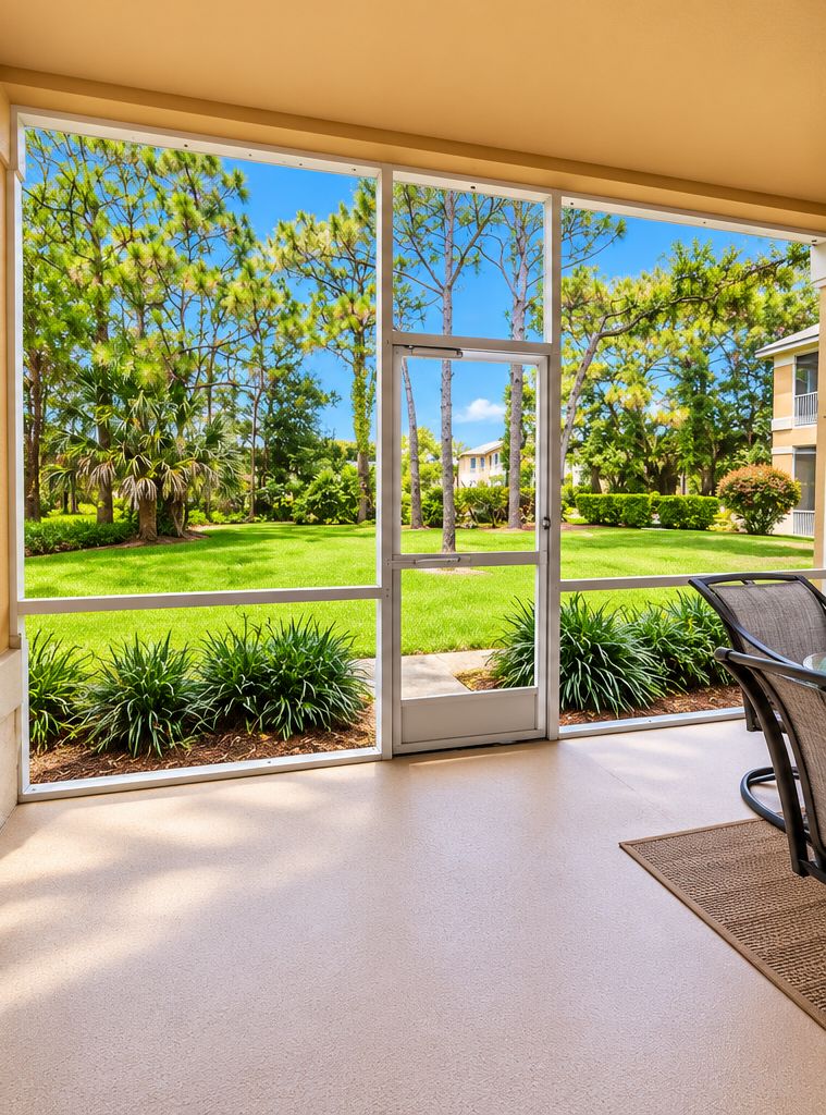 
Covered patio with outdoor dining area overlooking the beautifully landscaped g