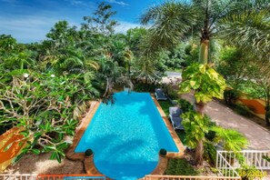 Une piscine rectangulaire entourée d’une végétation luxuriante et bordée d’un chemin pavé.