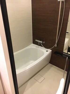 Een aparte badkuip en douche, gratis toiletartikelen, een haardroger
