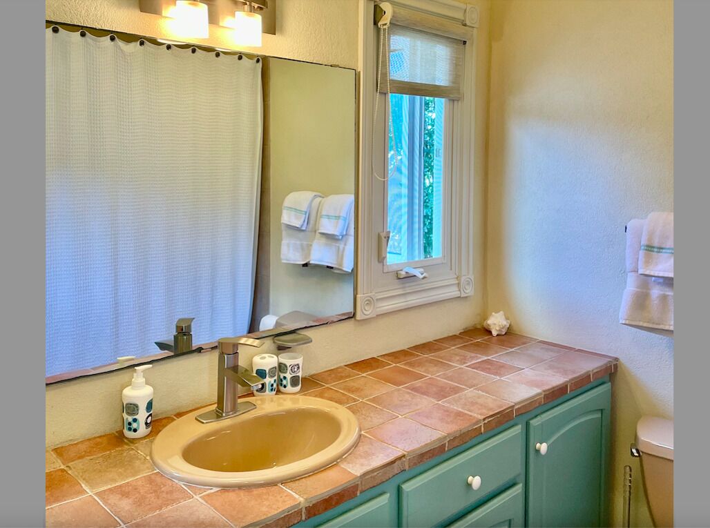 A bathroom with a sink, mirror, and window.
